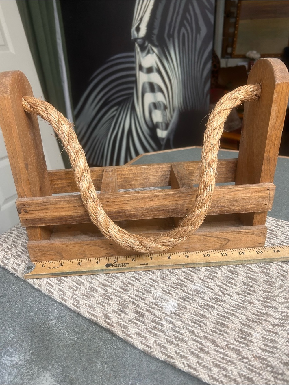 Rustic Wooden Crate Tote with Twisted Rope Handle - Natural Brown